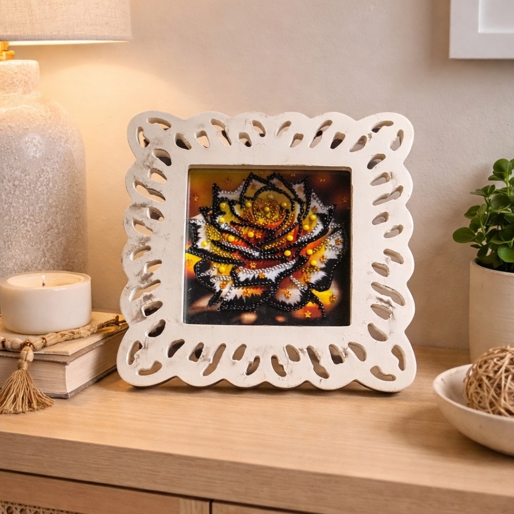 White Carved Frame with Yellow Rose Artwork Accent